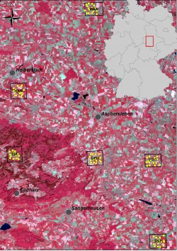 Die sechs Untersuchungsstandorte in Mitteldeutschland Foto: Bildquelle: Landsat 5 TM, Falschfarbenbild). Plos ONE 12(10): e018559