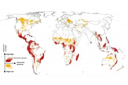 The world map illustrates where an expansion of agricultural use will pose a particular threat to biodiversity (red markings). In contrast, the areas marked in yellow show a low biodiversity. An expansion of agricultural land in these regions would therefore mean less loss of biodiversity. Photo: Map: Florian Zabel / Tomá Václavík