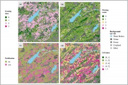 The maps a-d show depictions of the grassland management regime and respective land-use intensity based on satellite data in the district of Oberallg�u (Bavaria) in 2018 on a 10km�10km area. (a) Grazing classes (0-3; low to high grazing intensity). (b) Frequency of mowing (0-4). (c) Fertilisation (yes/no). (d) Land use intensity index (LUI): The values are grouped into five classes for Germany. Their colours range from green (extensive use) to magenta (intensive use).