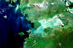 Satellitenbild der Kisumu-Bucht am Victoriasee (Afrika). Immer wieder beeinträchtigen Algenblüten-Teppiche die Wasserqualität. Foto: EOMAP GmbH & Co. KG