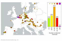 Die Karte zeigt die chemische Belastung europischer Fliegewsser. Die Gre der Kreise entspricht der Anzahl der nachgewiesenen Substanzen pro Probenahmestelle. Die Farben quantifizieren die Anzahl der an einem Probenahmestandort gleichzeitig nachgewiesenen Chemikalien, bspw. wurden in 41 Prozent der Standorte 51 bis 100 Substanzen detektiert.