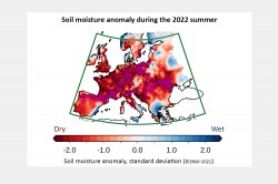 Deviation in soil moisture during the 2022 summer compared to a normal summer, in units of standard deviation. Pink stippling indicates locations where 2022 was the driest summer since 1960.