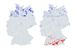 Optimale Verteilung von Solar- (rot) und Windenergieanlagen (blau). Links ohne, rechts mit Berücksichtigung von Netzausbaukosten. Foto: Martin Lange / UFZ