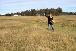 Eine Wissenschaftlerin bringt Nährstoffe auf einer Versuchsfläche des Nutrient Network in Australien (Yarramundi) aus, um die Auswirkungen auf die biologische Vielfalt zu testen. Foto: Raul Ochoa Hueso