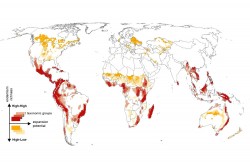 The world map illustrates where an expansion of agricultural use will pose a particular threat to biodiversity (red markings). In contrast, the areas marked in yellow show a low biodiversity. An expansion of agricultural land in these regions would therefore mean less loss of biodiversity. Photo: Map: Florian Zabel / Tomá Václavík The world map illustrates where an expansion of agricultural use will pose a particular threat to biodiversity (red markings). In contrast, the areas marked in yellow show a low biodiversity. An expansion of agricultural land in these regions would therefore mean less loss of biodiversity. Photo: Map: Florian Zabel / Tomá Václavík