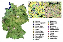 Deutschlandkarte Landbedeckung. Der Algorithmus identifiziert 19 verschiedene Feldfruchtarten mit einer Genauigkeit von 88 Prozent. Foto: ©UFZ
