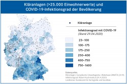 Große Kläranlagen sind entsprechend der Einwohnerdichte über Gesamtdeutschland verteilt. Ein Abwassermonitoring könnte Infektionsherde bundesweit früh quantitativ, örtlich differenziert und in ihrem zeitlichen Verlauf erfassen. Foto: ©UFZ (Karte) Große Kläranlagen sind entsprechend der Einwohnerdichte über Gesamtdeutschland verteilt. Ein Abwassermonitoring könnte Infektionsherde bundesweit früh quantitativ, örtlich differenziert und in ihrem zeitlichen Verlauf erfassen. Foto: ©UFZ (Karte)