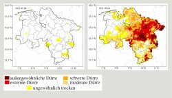 Aktuelle Situation der Dürre in Niedersachsen: Oberboden bis 25cm Tiefe (links) und Gesamtbodens (rechts). Stand: 04.05.2021 Foto: UFZ-Dürremonitor