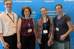 <p>LTR: Dr Paul Einhäupl (RIFS), Dr Melanie Bergmann (AWI), Linda Del Savio (RIFS), Prof Annika Jahnke (UFZ)</p> Photo: Paul Einhäupl / RIFS