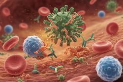 <p>Image of white blood cells and antibodies attacking a virus</p>